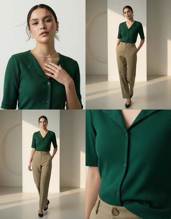 Bottle_Green_Cotton_Rib_Knit_Half_Sleeve_Polo_Top_For_Women