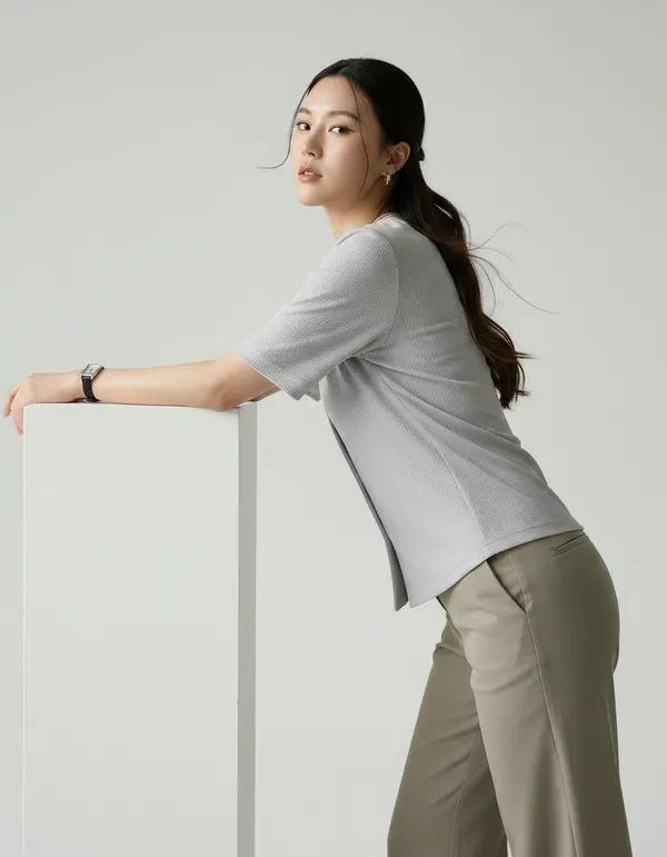 Light_Grey_Cotton_Rib_Knit_Half_Sleeve_Polo_Top_For_Women