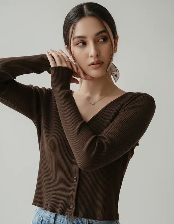 Brown_Cotton_Rib_Knit_V-Neck_Top_For_Women