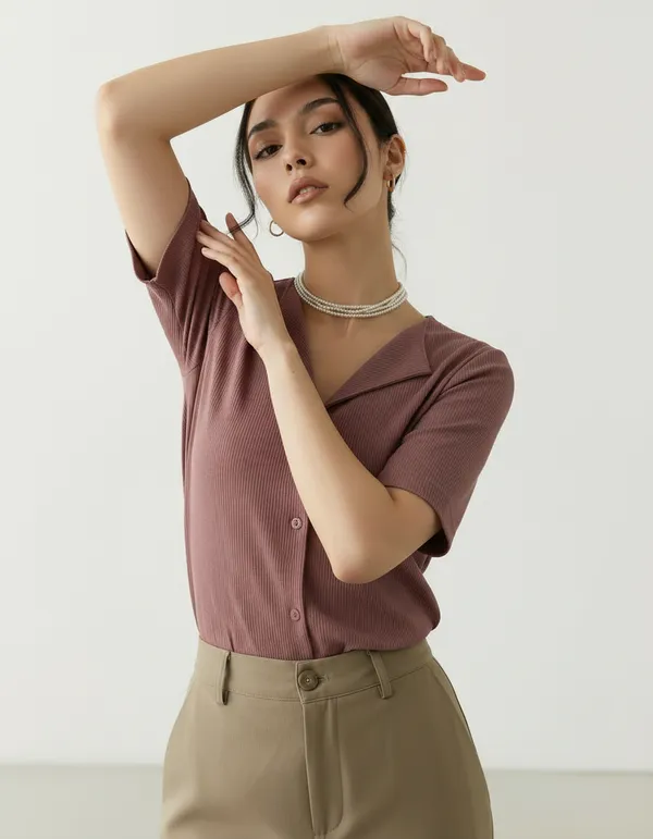 Dusty_Peach_Cotton_Rib_Knit_Half_Sleeve_Polo_Top_For_Women