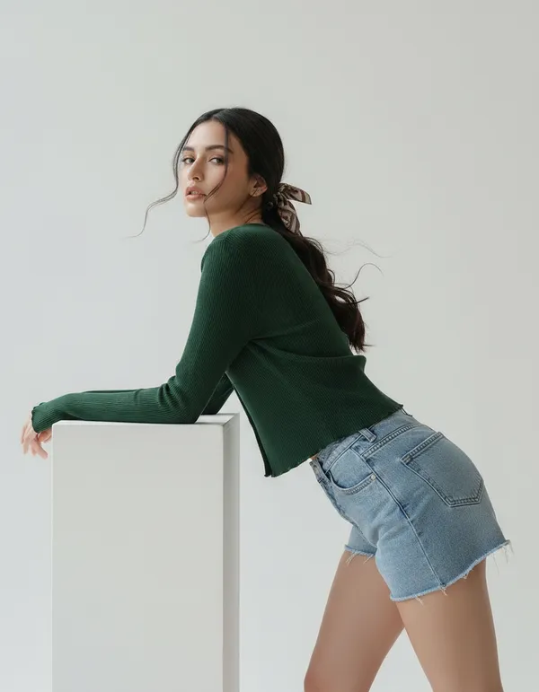 Bottle_Green_Cotton_Rib_Knit_V-Neck_Ribbed_Top_For_Women