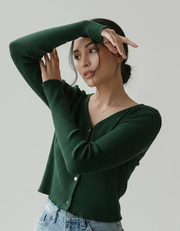 Bottle_Green_Cotton_Rib_Knit_V-Neck_Ribbed_Top_For_Women