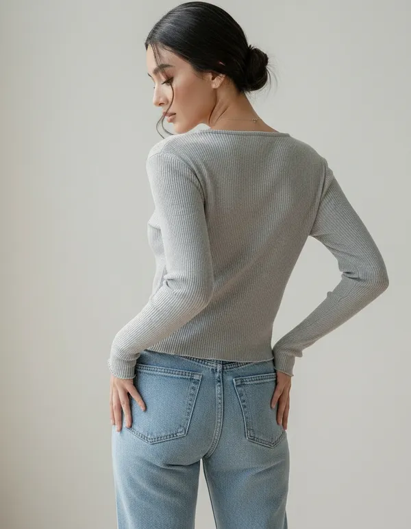 Grey_Cotton_Rib_Knit_V-Neck_Ribbed_Top_For_Women