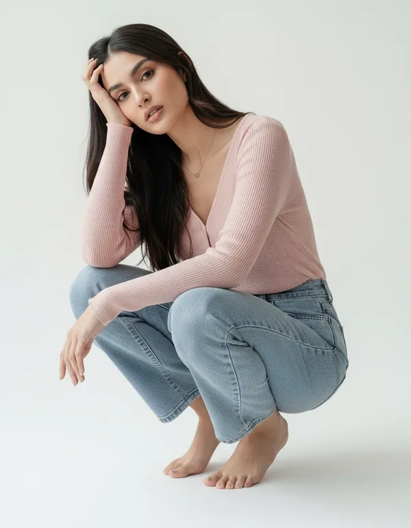 Light_Peach_Cotton_Rib_Knit_V-Neck_Ribbed_Top_For_Women