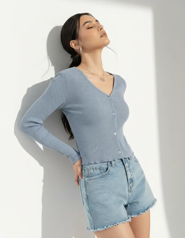 Blue_Grey_Cotton_Rib_Knit_V-Neck_Ribbed_Top_For_Women