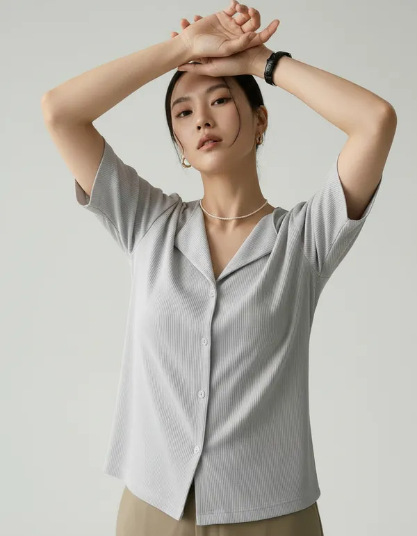 Light_Grey_Cotton_Rib_Knit_Half_Sleeve_Polo_Top_For_Women