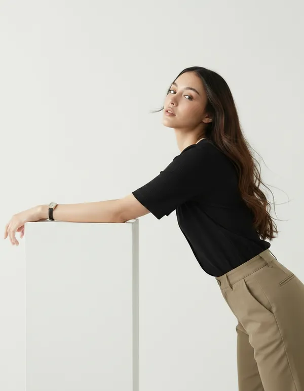 Black_Cotton_Rib_Knit_Half_Sleeve_Polo_Top_For_Women