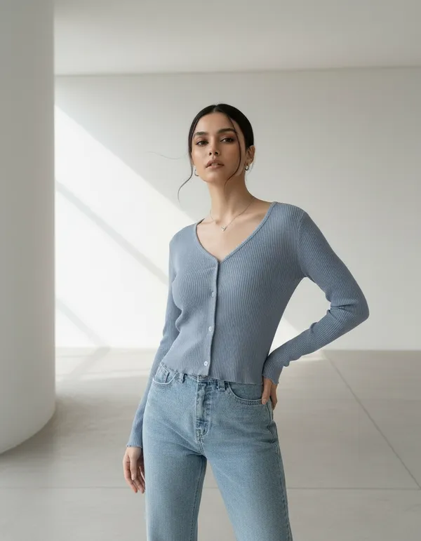 Blue_Grey_Cotton_Rib_Knit_V-Neck_Ribbed_Top_For_Women