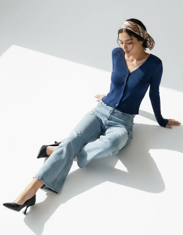 Royal_Blue_Cotton_Rib_Knit_V-Neck_Top_For_Women