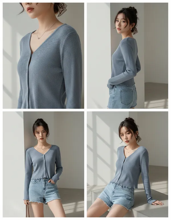 Blue_Grey_Cotton_Rib_Knit_V-Neck_Ribbed_Top_For_Women
