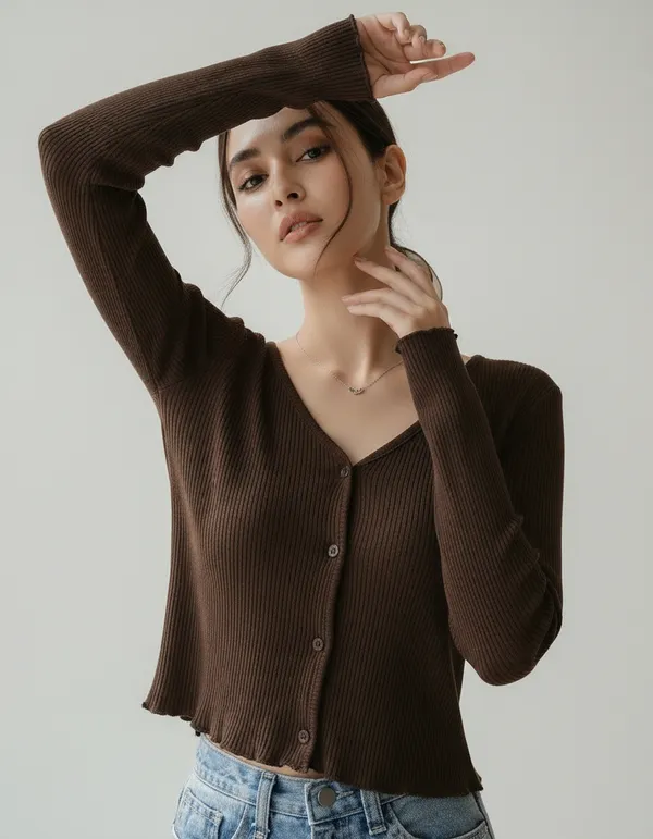 Brown_Cotton_Rib_Knit_V-Neck_Top_For_Women