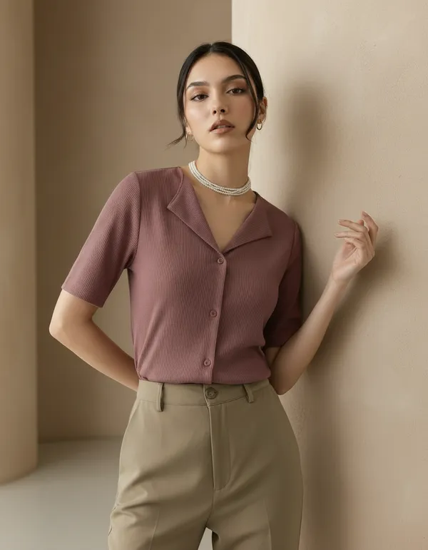 Dusty_Peach_Cotton_Rib_Knit_Half_Sleeve_Polo_Top_For_Women