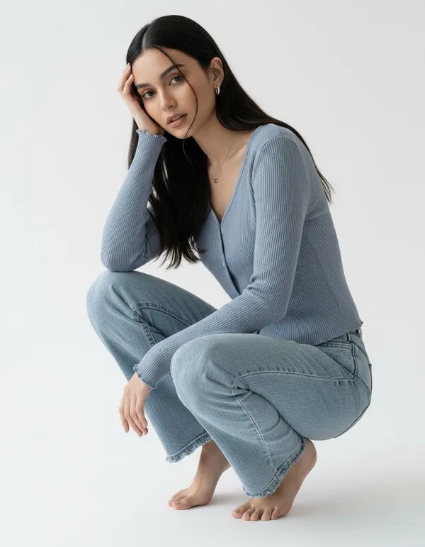 Blue_Grey_Cotton_Rib_Knit_V-Neck_Ribbed_Top_For_Women