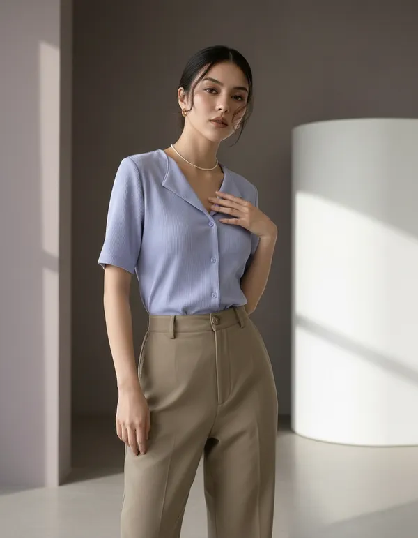 Lavender_Blue_Cotton_Rib_Knit_Half_Sleeve_Polo_Top_For_Women
