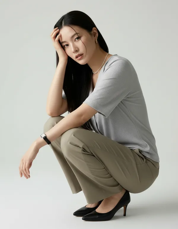 Light_Grey_Cotton_Rib_Knit_Half_Sleeve_Polo_Top_For_Women