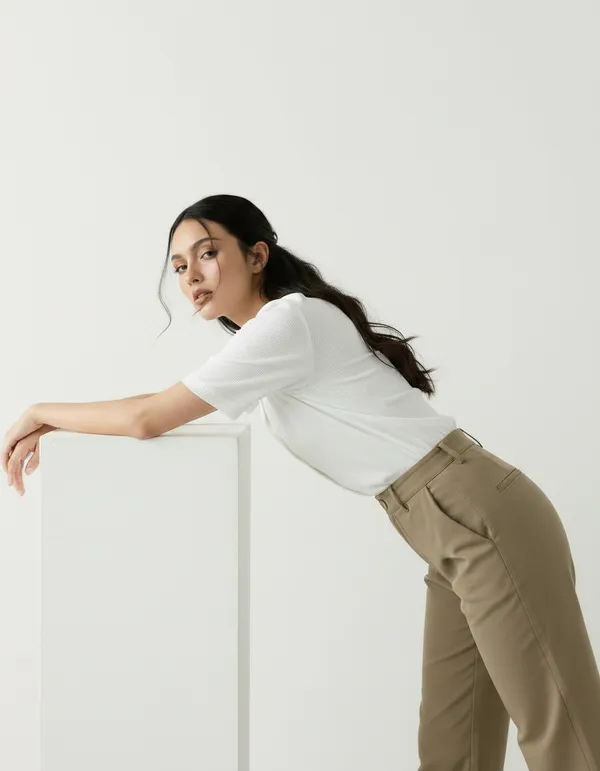 White_Cotton_Rib_Knit_Half_Sleeve_Polo_Top_For_Women