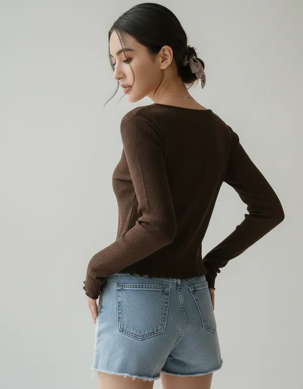 Brown_Cotton_Rib_Knit_V-Neck_Top_For_Women