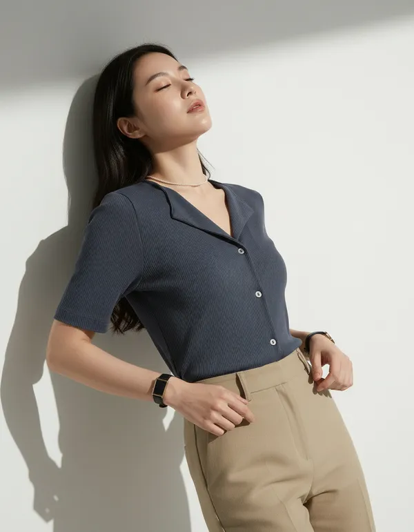 Dark_Grey_Cotton_Rib_Knit_Half_Sleeve_Polo_Top_For_Women