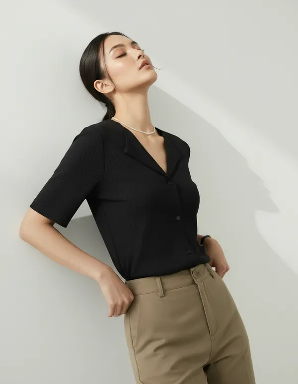 Black_Cotton_Rib_Knit_Half_Sleeve_Polo_Top_For_Women