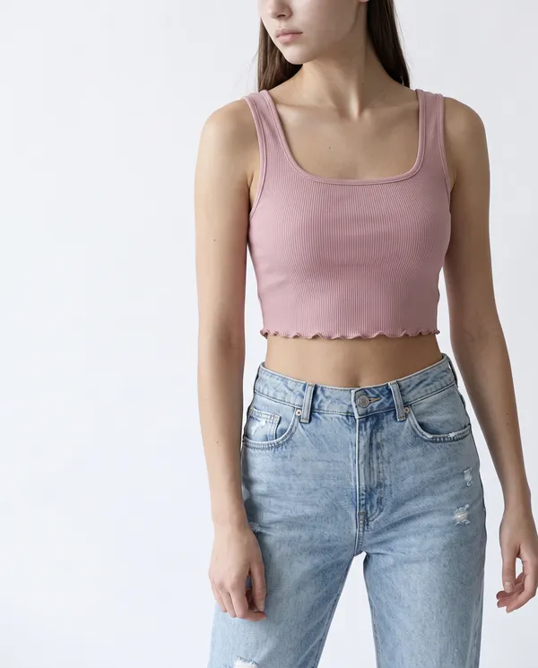 Women’s_Pink_Ribbed_Square_Neck_Crop_Top_with_Lettuce-Edge_Hem