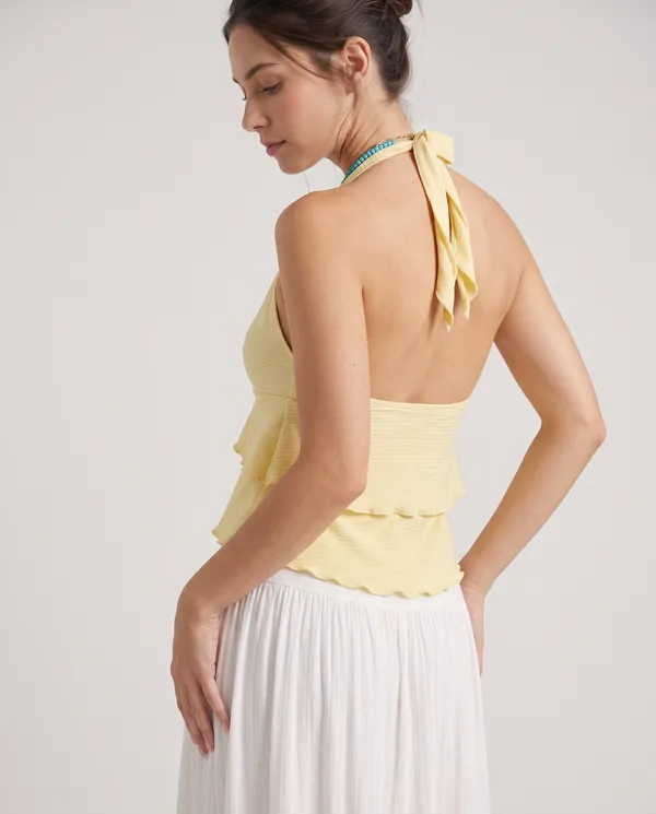 Women’s_Yellow_Pleated_Halter_Neck_Ruffle_Peplum_Top