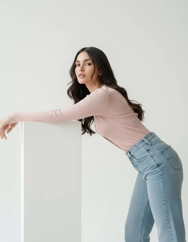 Light_Peach_Cotton_Rib_Knit_V-Neck_Ribbed_Top_For_Women