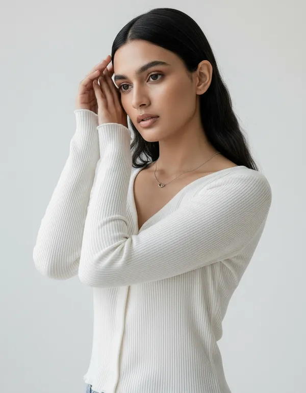 White_Cotton_Rib_Knit_V-Neck_Ribbed_Top_For_Women