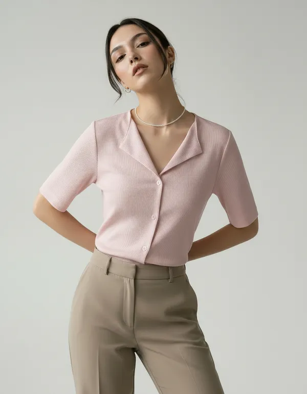 Light_Peach_Cotton_Rib_Knit_Half_Sleeve_Polo_Top_For_Women