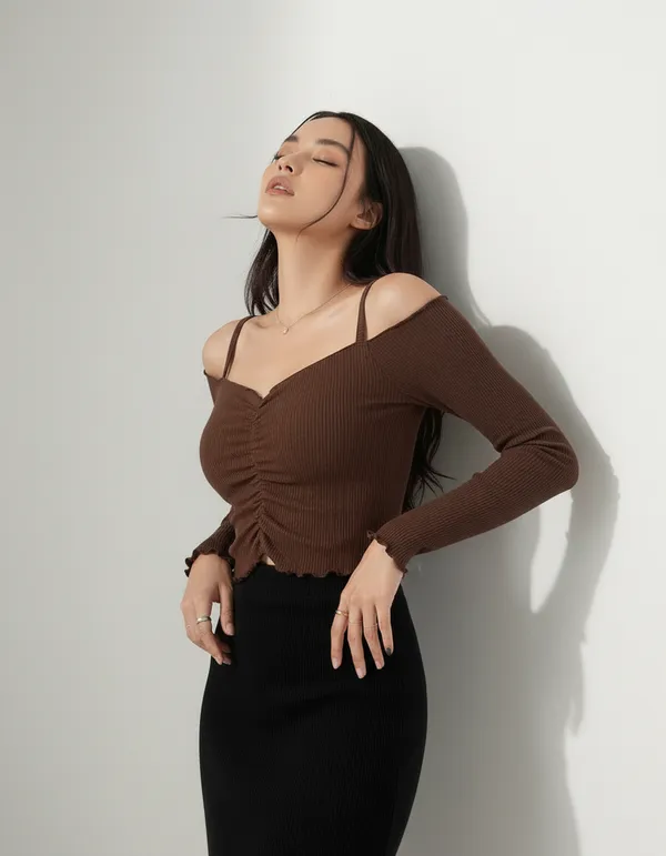 Brown_Cotton_Rib_Knit_Fitted_Off-Shoulder_Top_For_Women