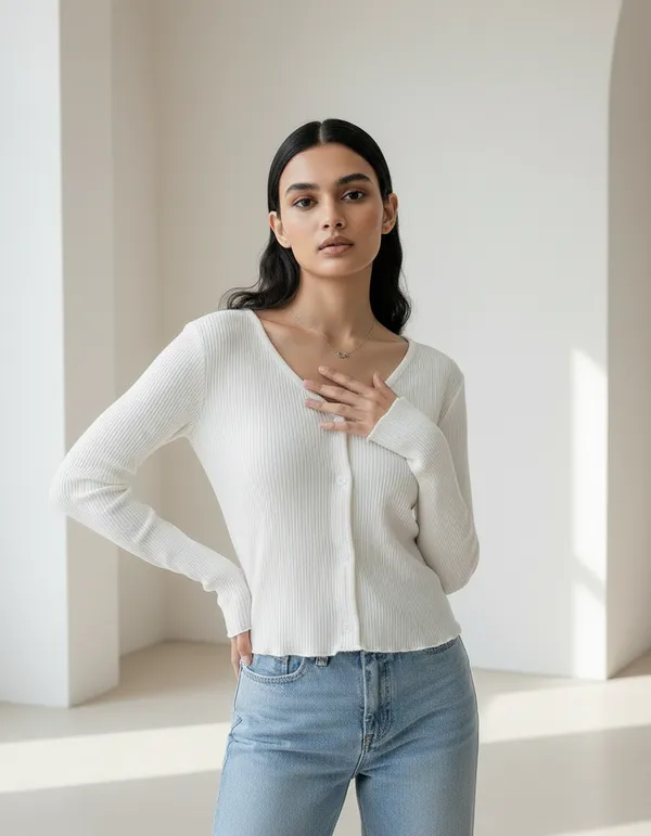 White_Cotton_Rib_Knit_V-Neck_Ribbed_Top_For_Women