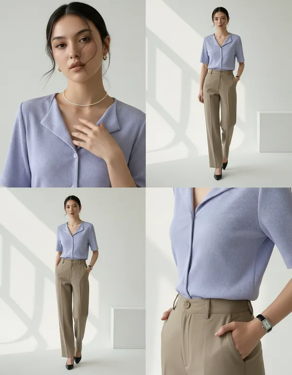 Lavender_Blue_Cotton_Rib_Knit_Half_Sleeve_Polo_Top_For_Women