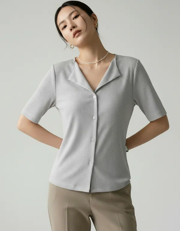 Light_Grey_Cotton_Rib_Knit_Half_Sleeve_Polo_Top_For_Women