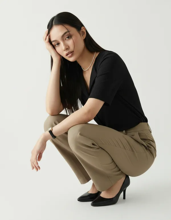 Black_Cotton_Rib_Knit_Half_Sleeve_Polo_Top_For_Women
