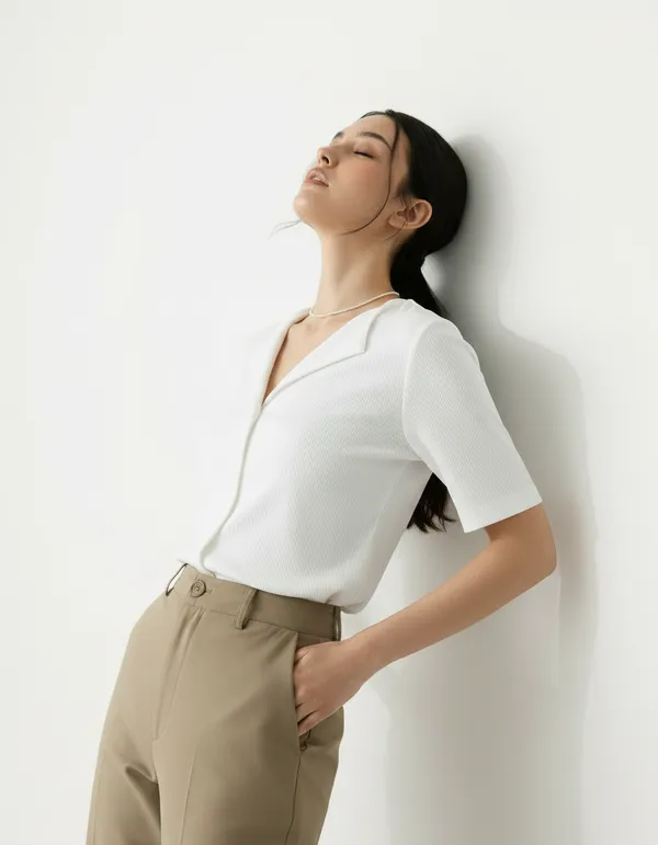 White_Cotton_Rib_Knit_Half_Sleeve_Polo_Top_For_Women
