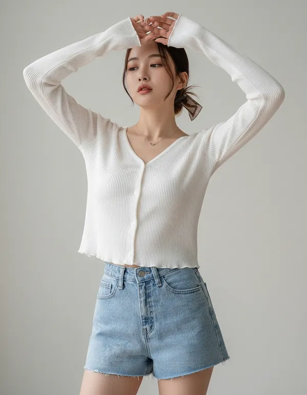 White_Cotton_Rib_Knit_V-Neck_Ribbed_Top_For_Women