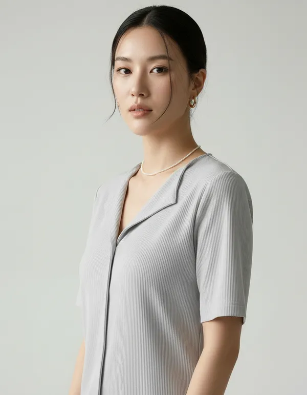 Light_Grey_Cotton_Rib_Knit_Half_Sleeve_Polo_Top_For_Women