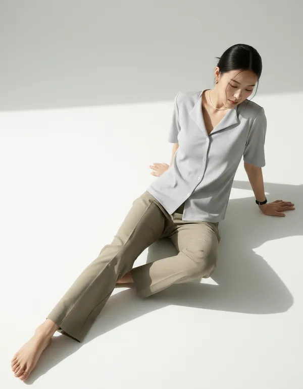 Light_Grey_Cotton_Rib_Knit_Half_Sleeve_Polo_Top_For_Women