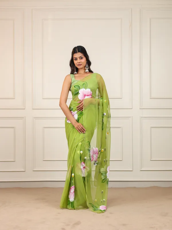 Green_Chiffon_Hand_Painted_Saree_For_Women