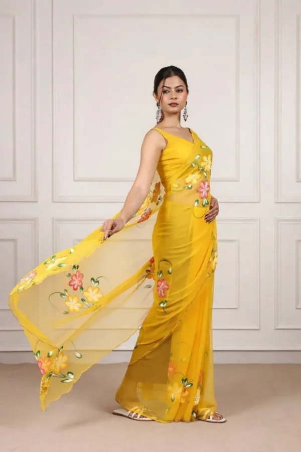 Yellow_Chiffon_Hand_Painted_Saree_For_Women