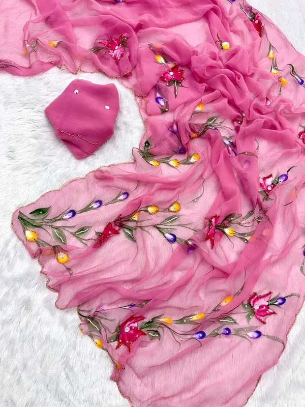 Pink_Chiffon_Hand_Painted_Saree_For_Women