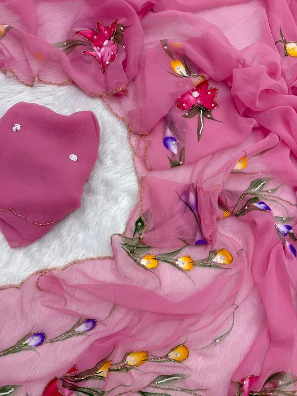 Pink_Chiffon_Hand_Painted_Saree_For_Women