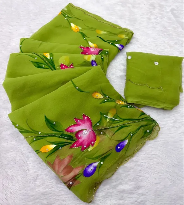 Green_Chiffon_Hand_Painted_Saree_For_Women
