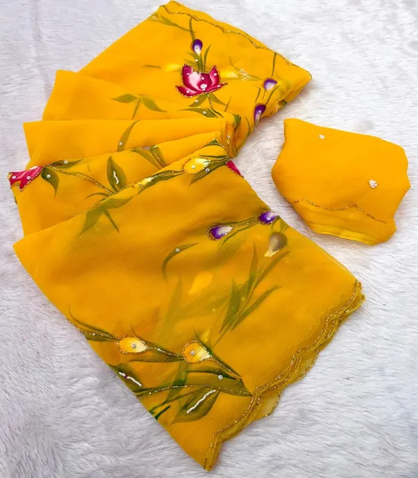 Yellow_Chiffon_Hand_Painted_Saree_For_Women