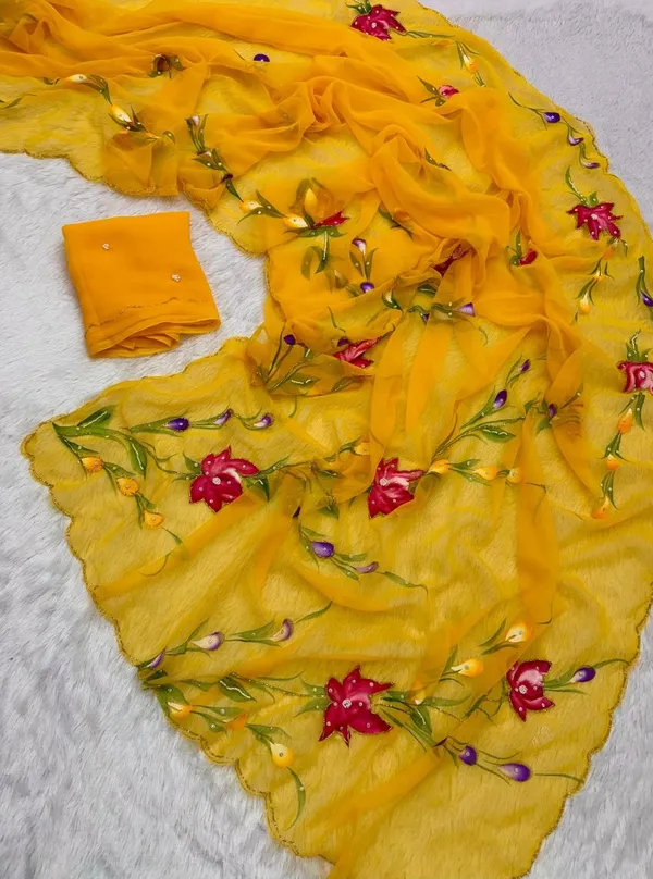 Yellow_Chiffon_Hand_Painted_Saree_For_Women