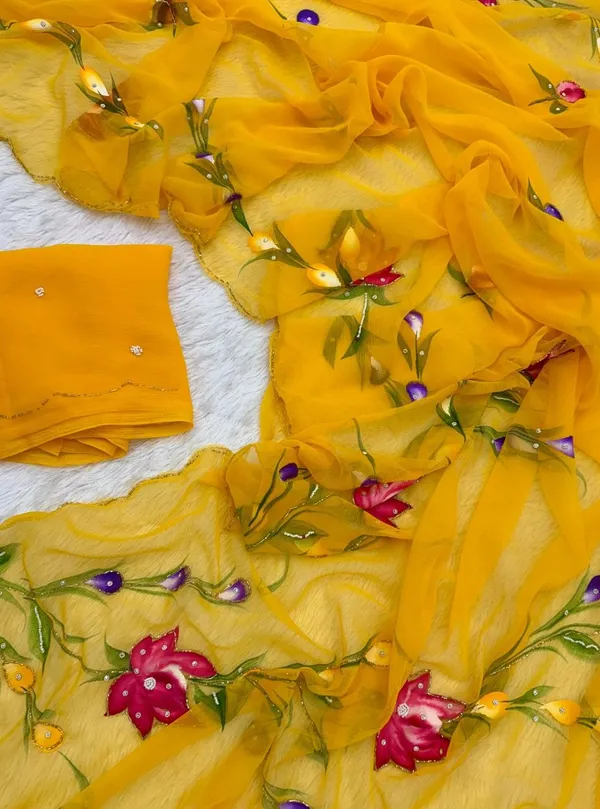 Yellow_Chiffon_Hand_Painted_Saree_For_Women