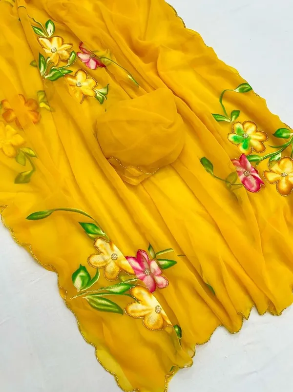 Yellow_Chiffon_Hand_Painted_Saree_For_Women