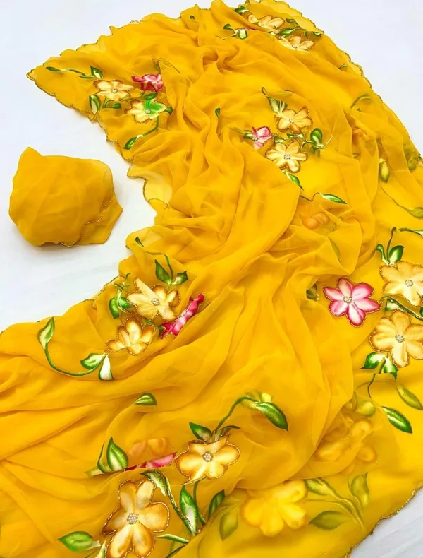 Yellow_Chiffon_Hand_Painted_Saree_For_Women