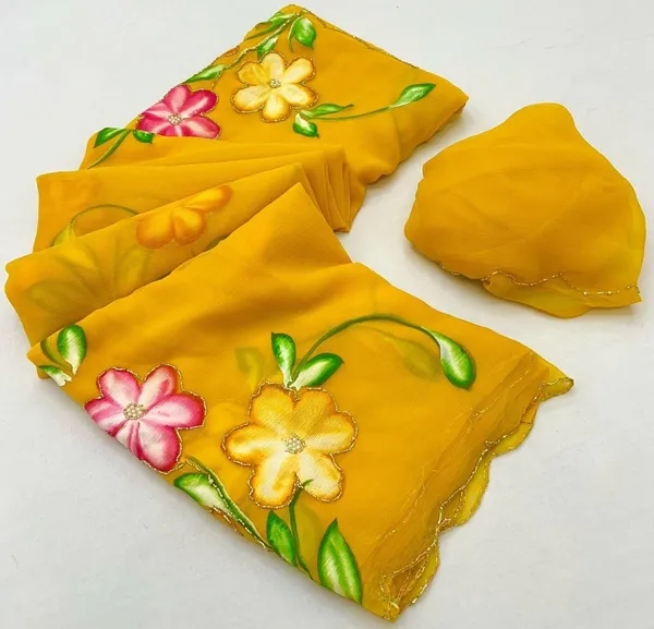 Yellow_Chiffon_Hand_Painted_Saree_For_Women