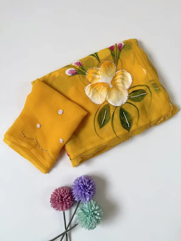 Yellow_Chiffon_Hand_Painted_Saree_For_Women