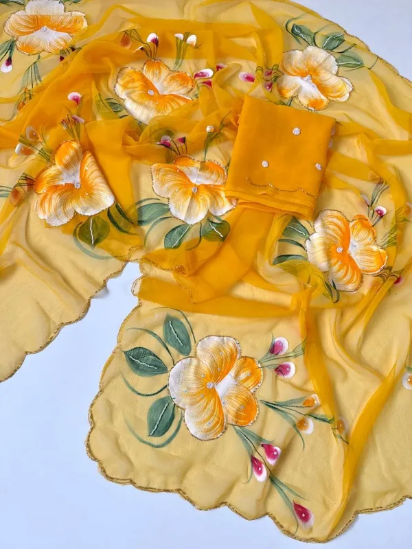 Yellow_Chiffon_Hand_Painted_Saree_For_Women